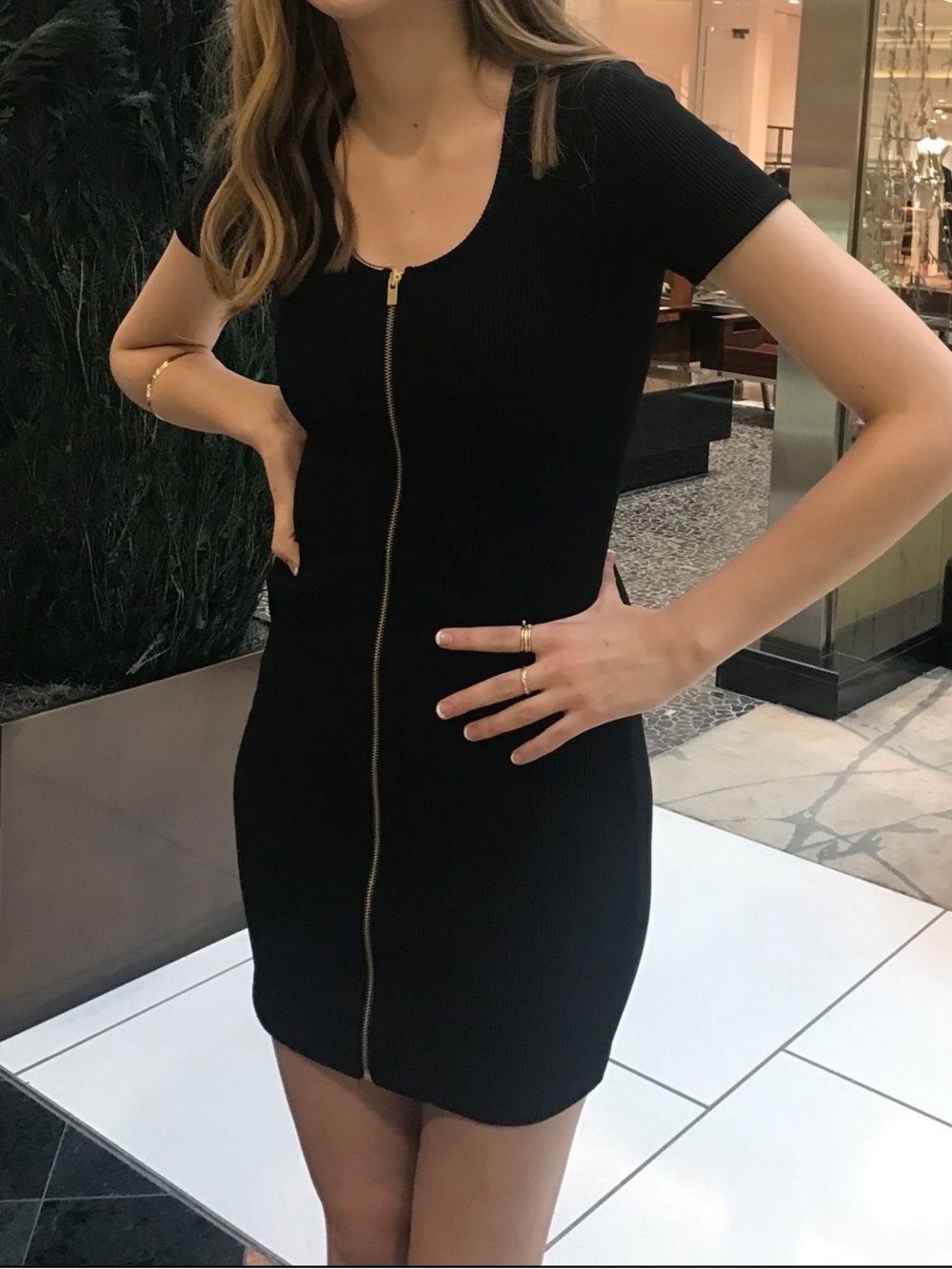 Express Black Ribbed Zip-Front Junior Mini Dress with Gold Zip
